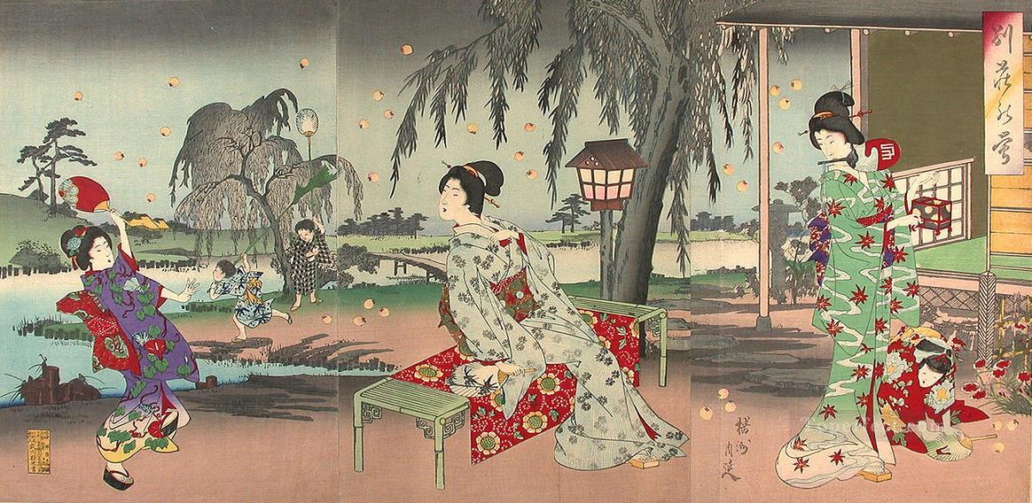 fireflies at a country house Toyohara Chikanobu bijin okubi e Oil Paintings